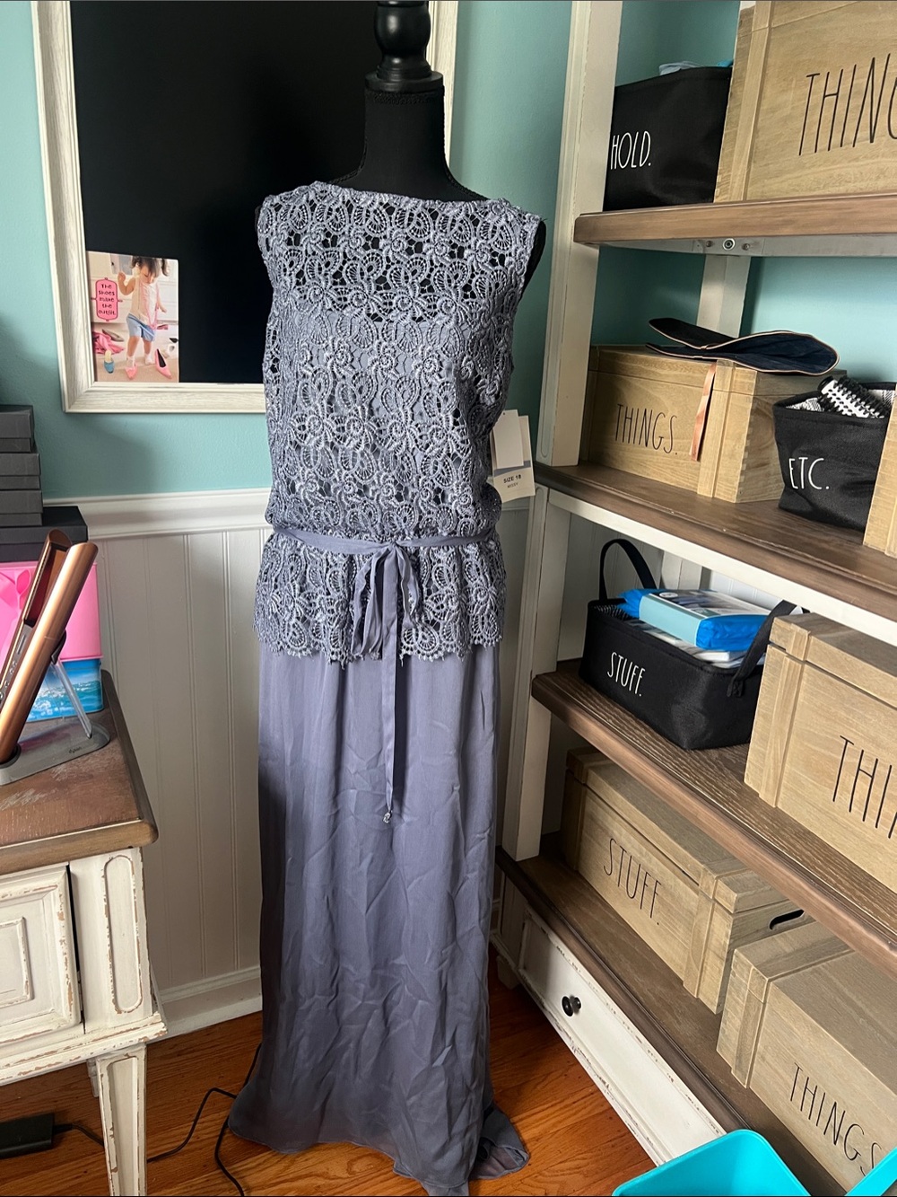 Elegant Lace-Overlay Maxi Dress in Slate Blue